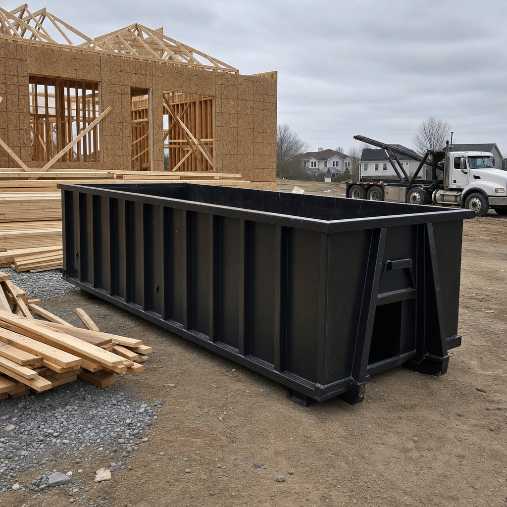 Matte-black 40-yard roll-off dumpster staged on a framed-out residential construction site in Paradise Valley, framing lumber stacked nearby, hooklift delivery truck visible in the background under bright Colorado daylight