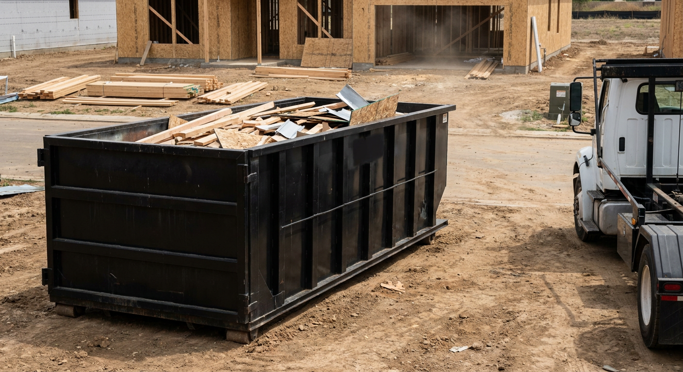 Matte-black 20-yard roll-off construction dumpster with heavy ribbed steel sidewalls and swing rear doors at a working jobsite in Paradise Valley, sitting directly on compacted dirt with an unmarked white hauler partially visible at the far edge of the frame.