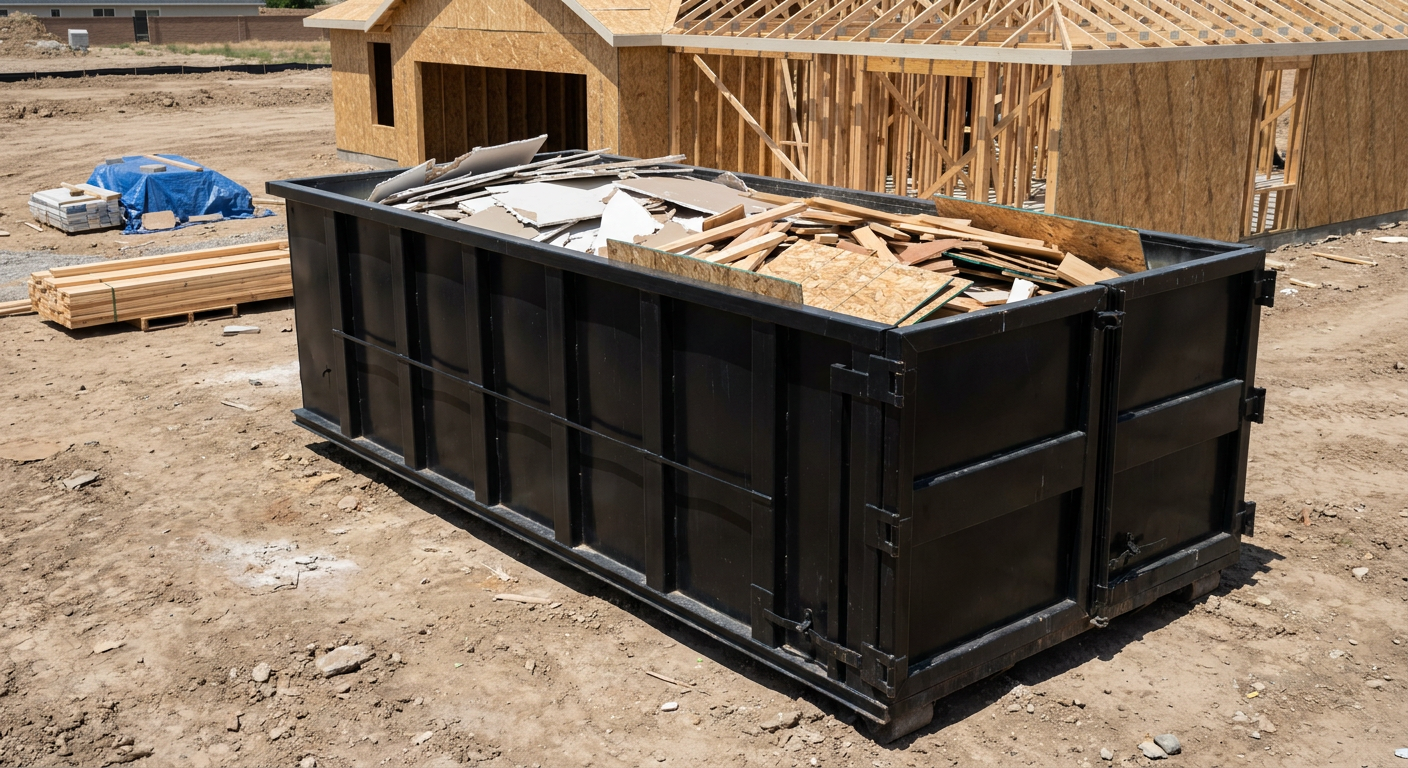 Matte-black 30-yard roll-off construction dumpster sitting directly on the compacted-dirt site of a framed single-family home build in Paradise Valley, drywall and lumber scrap loaded inside.