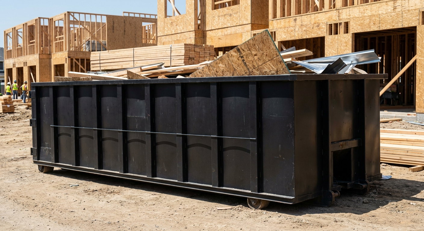 Matte-black 40-yard roll-off construction dumpster being lowered from a white-cab hooklift delivery truck onto the compacted-dirt jobsite at a commercial build site in Paradise Valley