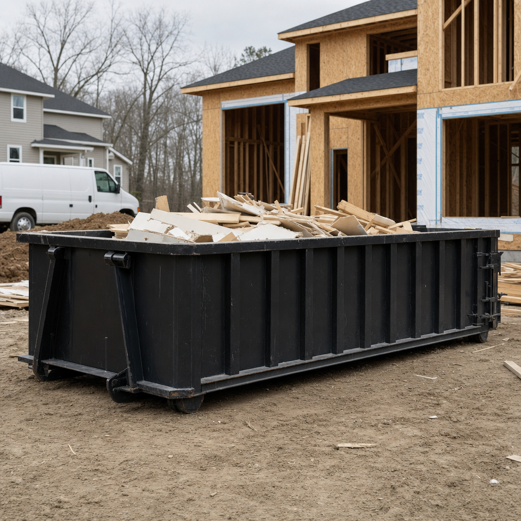 Worker in a yellow high-visibility vest tossing framing lumber and broken drywall into a matte-black 30-yard construction roll-off dumpster on an active build site in Paradise Valley, bright daylight
