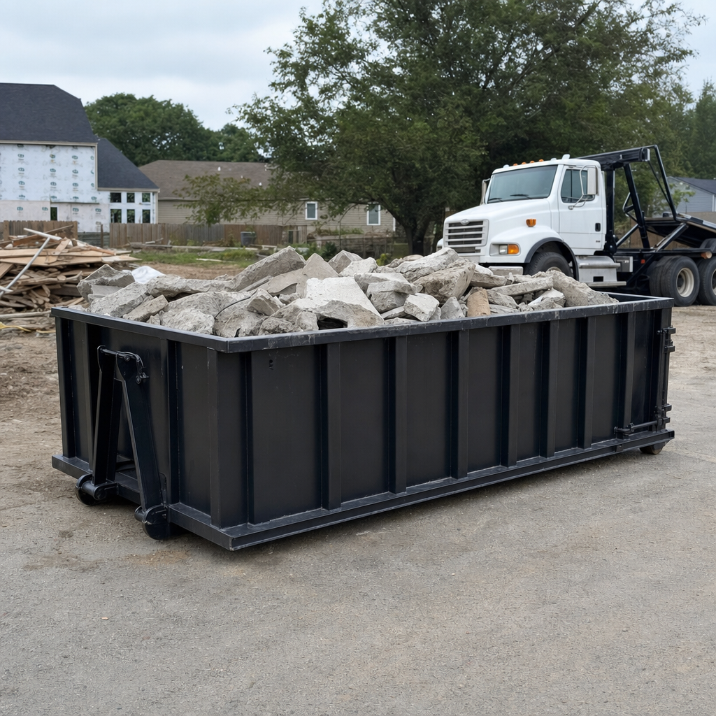 Low-profile matte-black lowboy roll-off dumpster loaded with broken concrete slab and rebar at a foundation tear-out in Paradise Valley, skid steer parked beside it, sunny Colorado morning