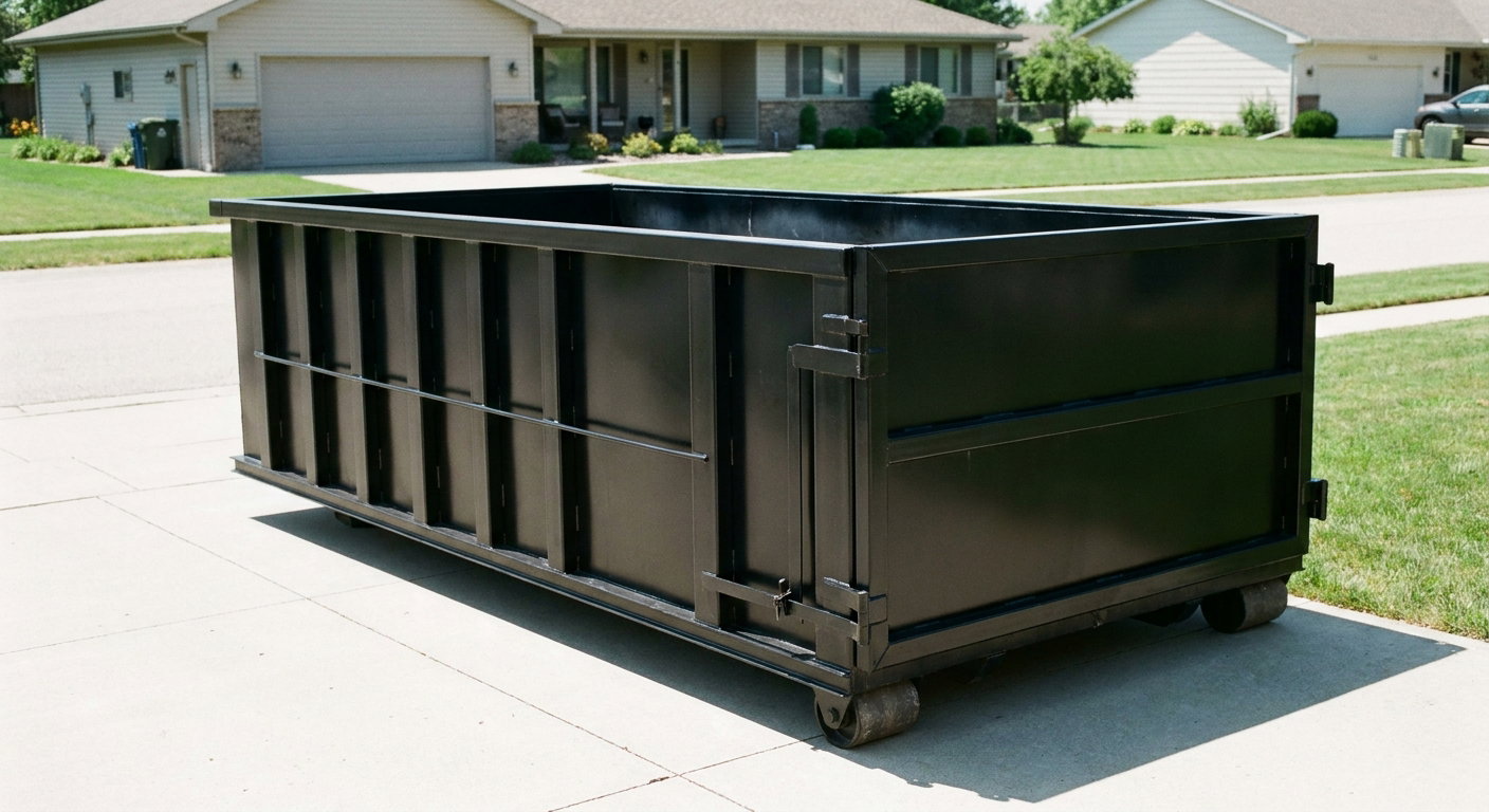 Matte-black 10-yard roll-off dumpster on a residential concrete driveway in Paradise Valley, uniformly painted matte black across every panel and rail, ribbed steel sidewalls and rear swing door visible, mid-day daylight.