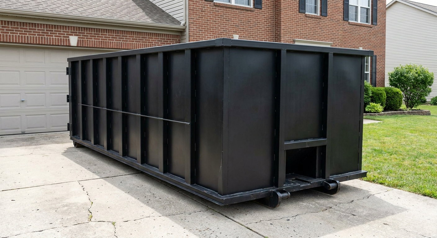 Matte-black 20-yard roll-off container on a Paradise Valley residential concrete driveway with reinforced ribbed steel sidewalls and a hinged rear walk-in door, clean bright daylight.