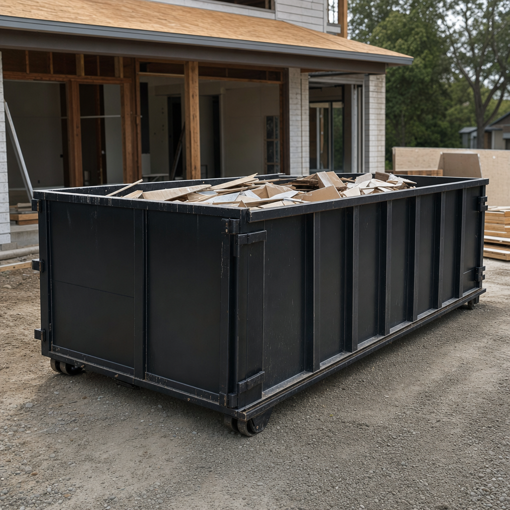 Large matte-black 30-yard construction roll-off dumpster at an active Paradise Valley jobsite, steel-gray top rails and bottom rollers visible, loaded with construction debris.