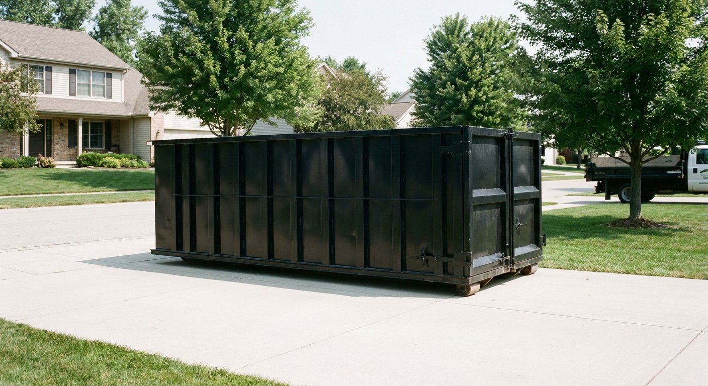 Matte-black 20-yard roll-off dumpster sitting level on a clean Paradise Valley residential concrete driveway under bright daylight, demonstrating clean placement directly on the concrete.