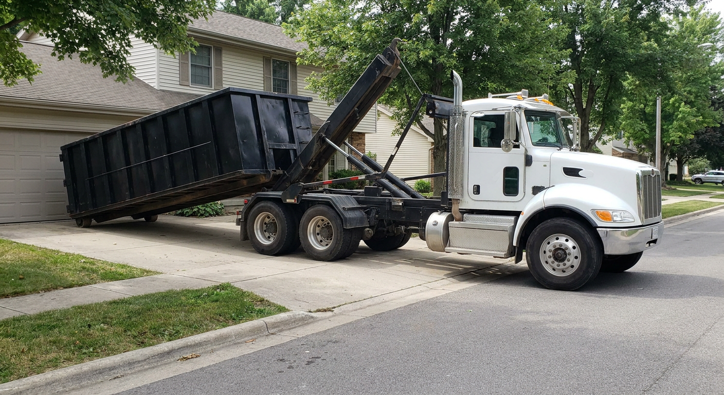 White-cab hooklift roll-off truck actively lowering a matte-black dumpster onto a Paradise Valley residential concrete driveway, the dumpster's rear wheels touching the driveway as the hoist arm tilts the bed forward, mid-morning daylight.