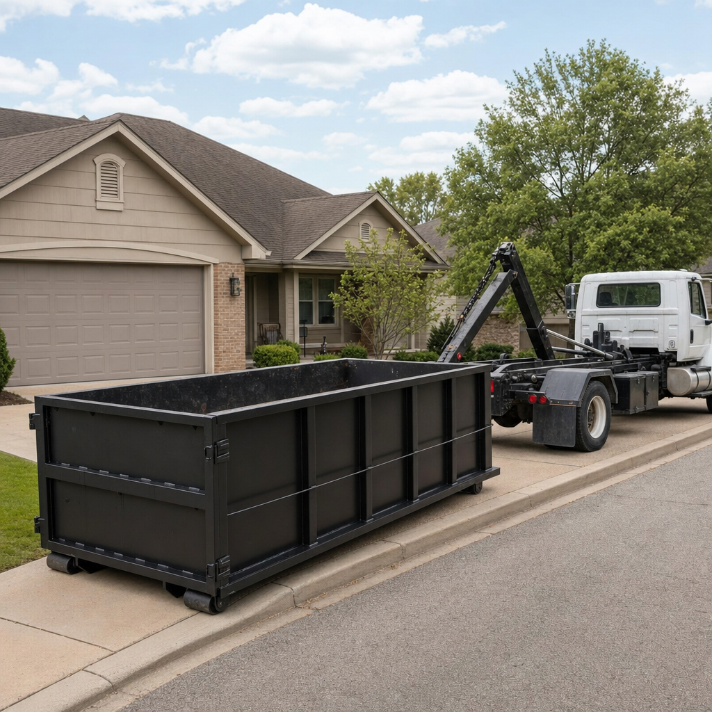 Wide documentary shot of a matte-black roll-off dumpster on a Paradise Valley residential driveway in the foreground and a contractor jobsite container in the soft-focus background, bright daylight, calm and orderly composition.