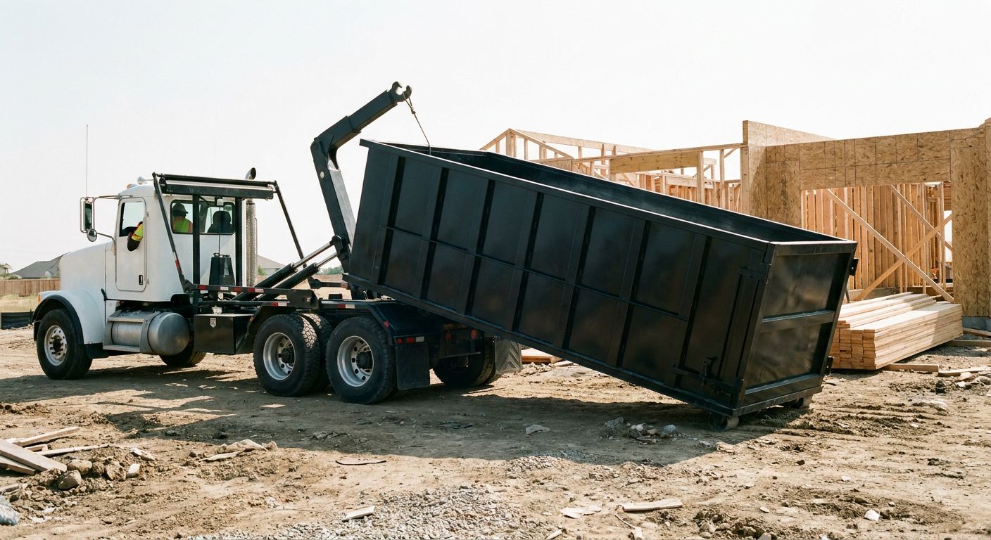 Matte-black roll-off dumpster being delivered onto a clean residential concrete driveway in Paradise Valley by an unmarked white hooklift hauler truck, bright morning daylight, documentary 35mm perspective.