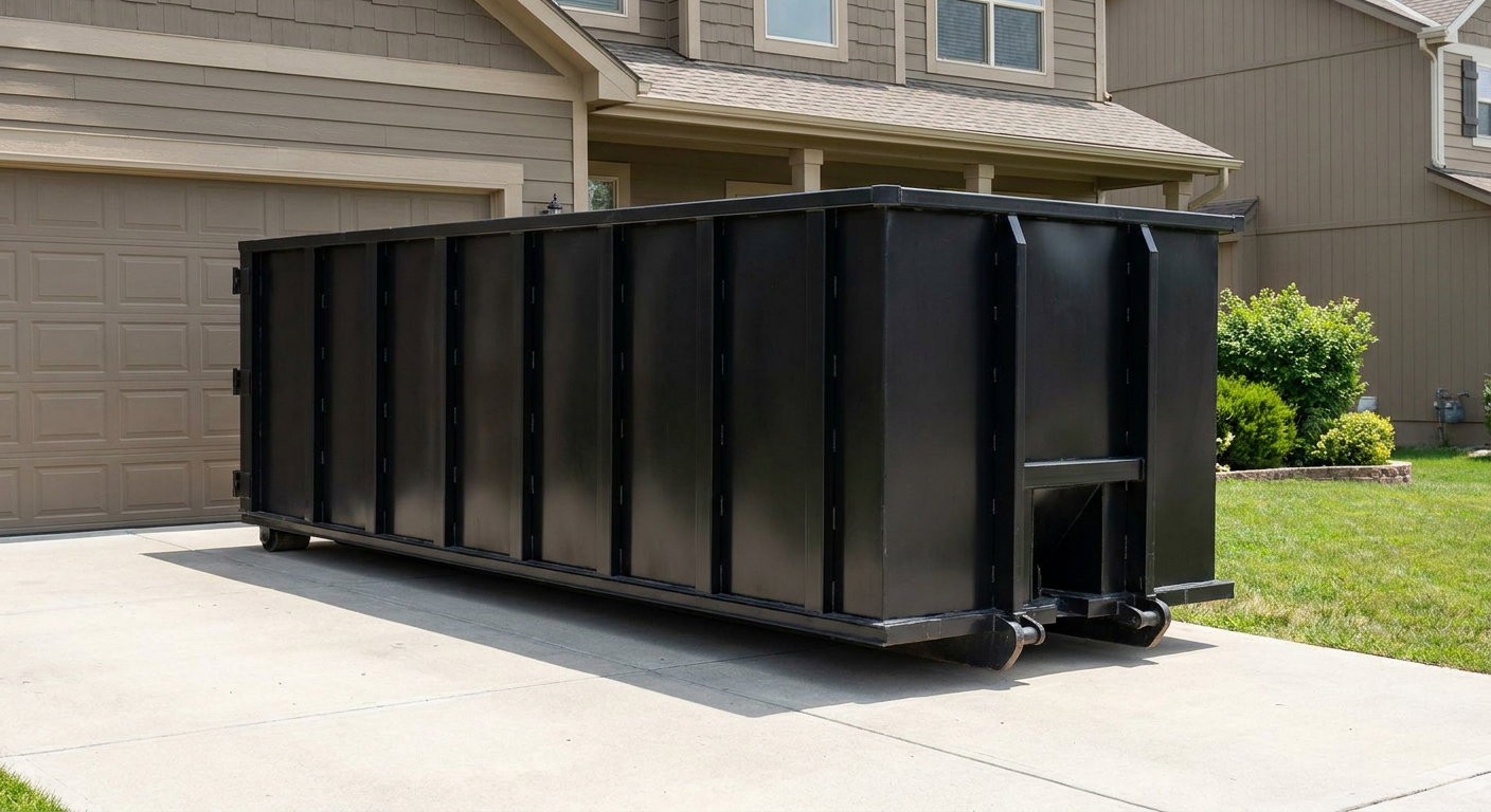 Matte-black residential roll-off dumpster sitting directly on a suburban Paradise Valley concrete driveway, garage door closed, single-family home in background, bright morning daylight.