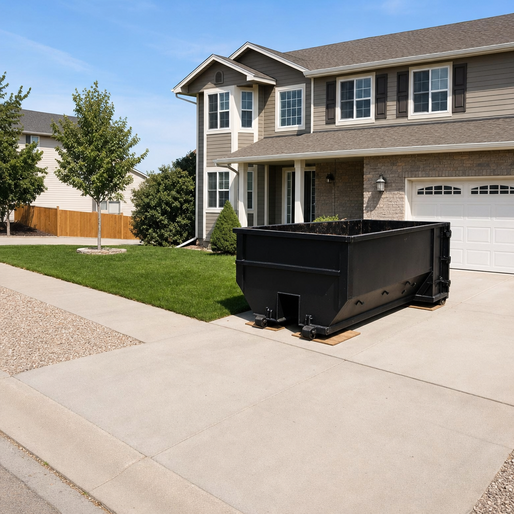 10-yard matte-black residential dumpster placed directly on a narrow Paradise Valley concrete driveway, room remains for a parked sedan beside it, mid-morning natural light