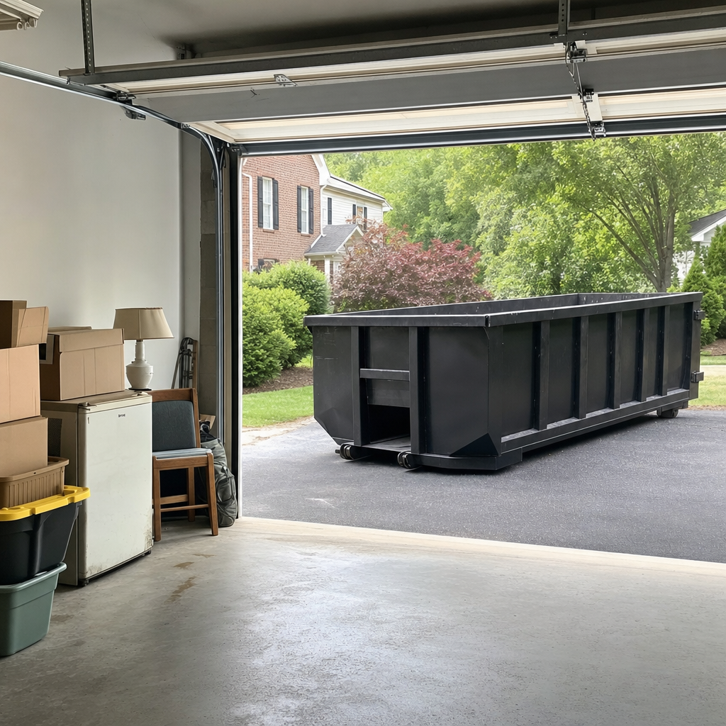 Open garage interior in a Paradise Valley home mid-cleanout — boxed items, an old appliance, and stacked yard tools queued near the driveway for a matte-black roll-off dumpster, organized and calm