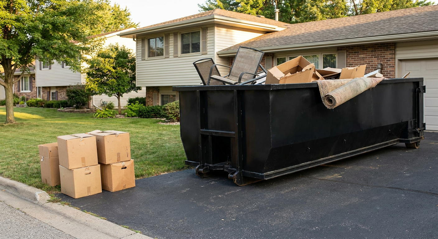 Front-yard view of a Paradise Valley split-level home with a 20-yard matte-black roll-off dumpster sitting directly on the asphalt driveway, a few clearly labeled donation boxes staged at the curb, calm sunny afternoon.