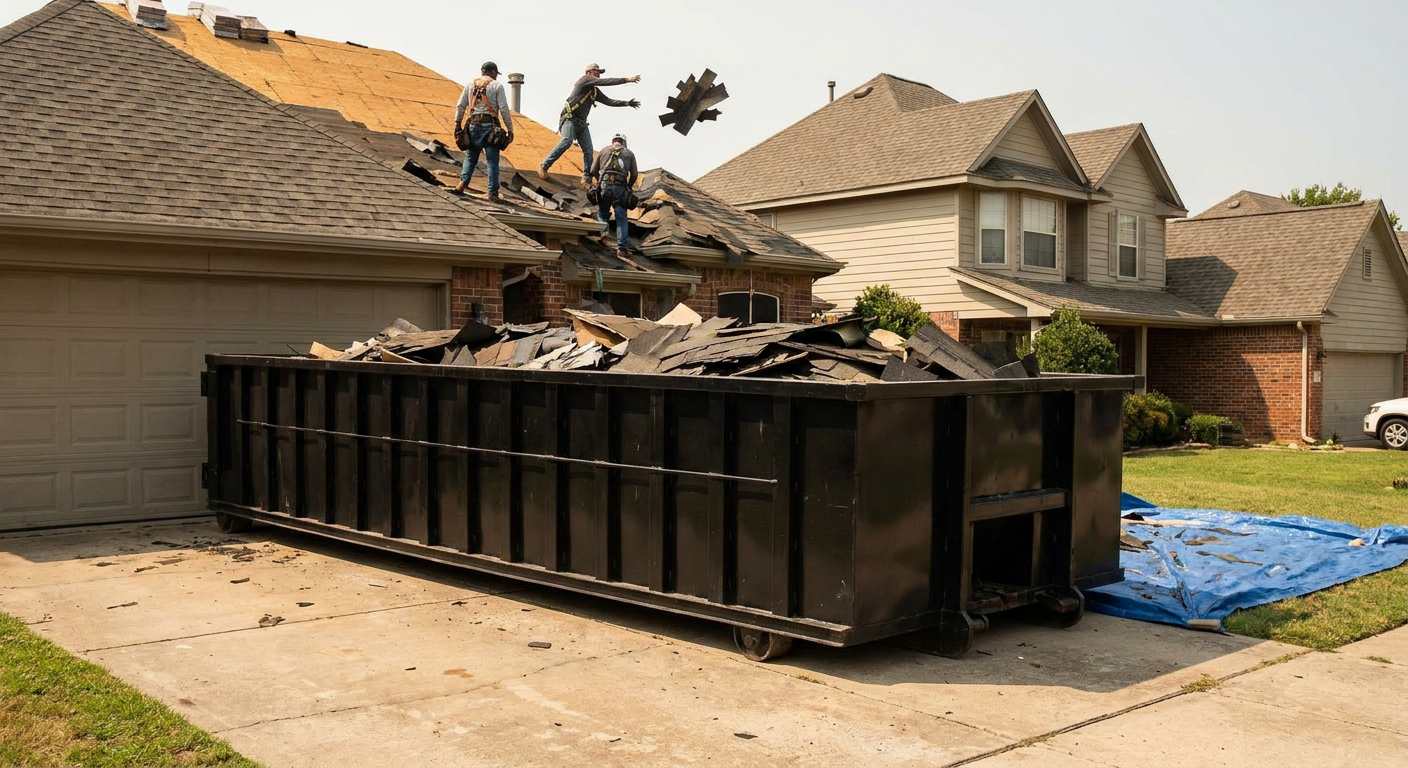 Matte-black roofing roll-off dumpster placed directly on a Paradise Valley residential concrete driveway, a tear-off crew on a two-story asphalt-shingle roof tossing shingle bundles into the low-walled container, bright daylight, documentary 35mm perspective.