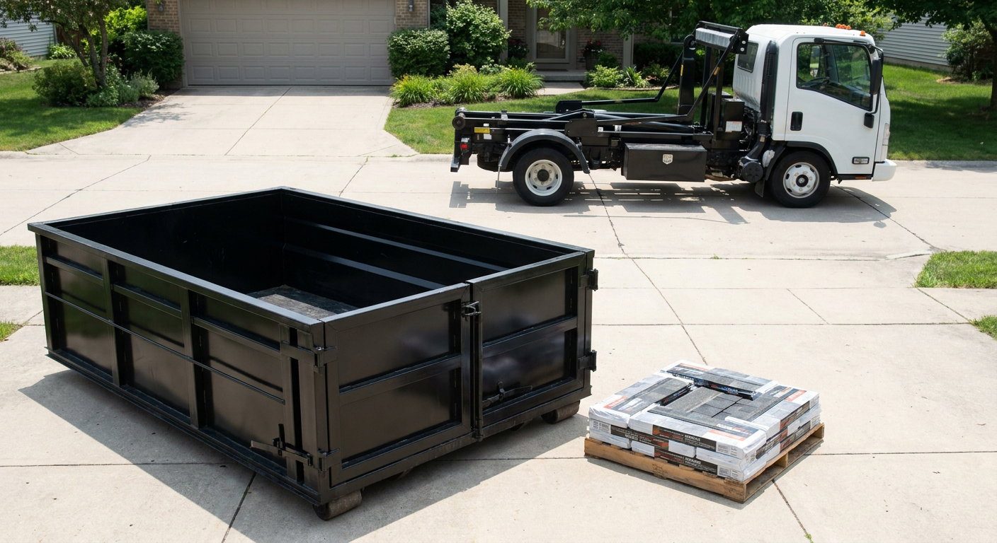 Matte-black 15-yard roofing roll-off dumpster with reinforced low side walls sitting directly on a Paradise Valley residential concrete driveway, three-tab asphalt shingle bundles stacked nearby, an unmarked white hauler truck partially visible at the edge of the frame.