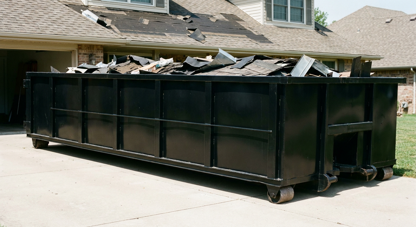Matte-black 20-yard roofing roll-off dumpster with steel ribbed sides and swinging rear door, sitting directly on the concrete driveway of a two-story Paradise Valley home, asphalt shingle debris being loaded over the low wall, clean documentary lighting.
