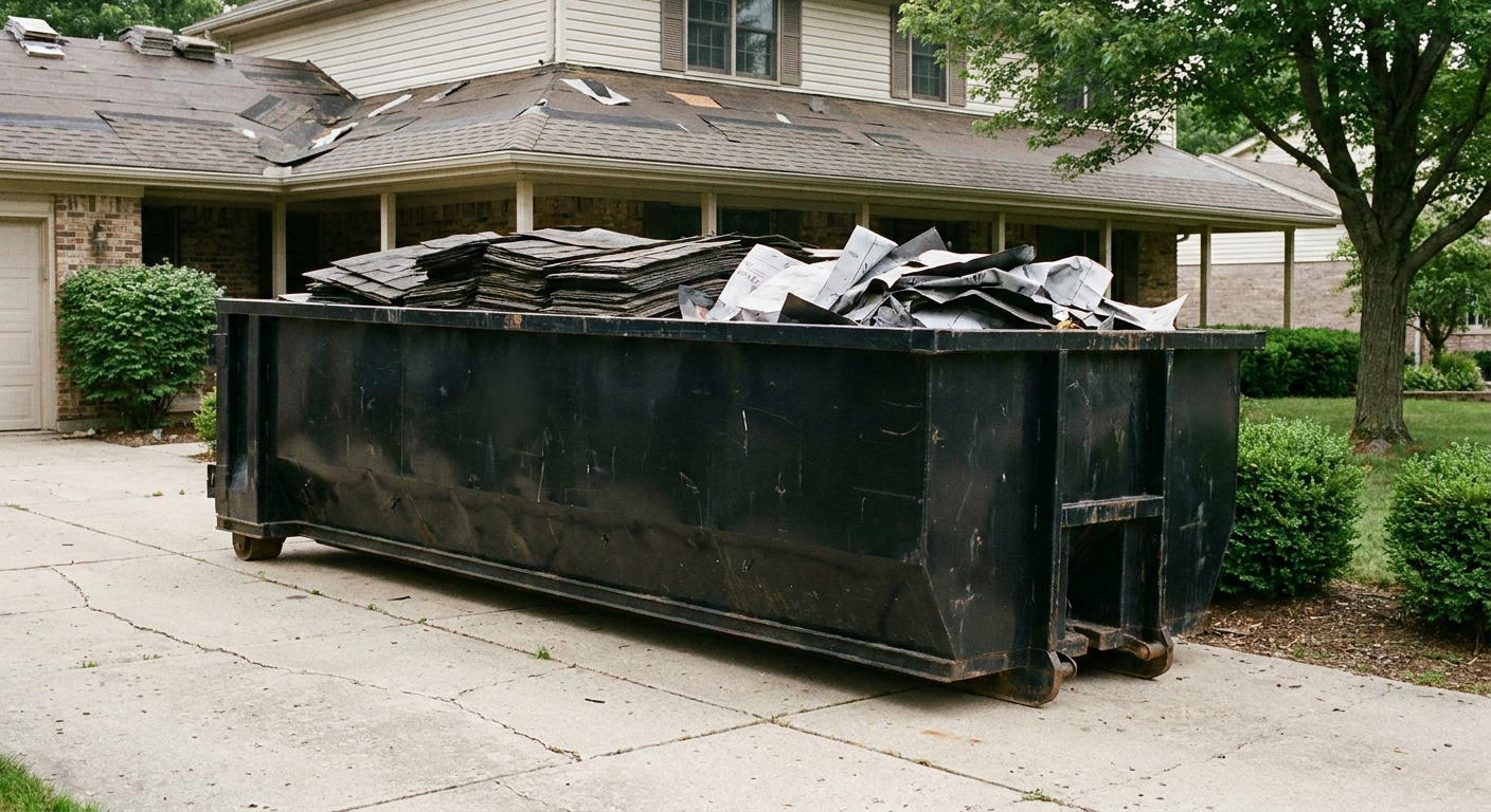 Matte-black 30-yard roofing roll-off dumpster sitting directly on a Paradise Valley concrete driveway, taller ribbed steel side panels, mixed tear-off debris of asphalt shingles and underlayment inside, professional documentary daylight.