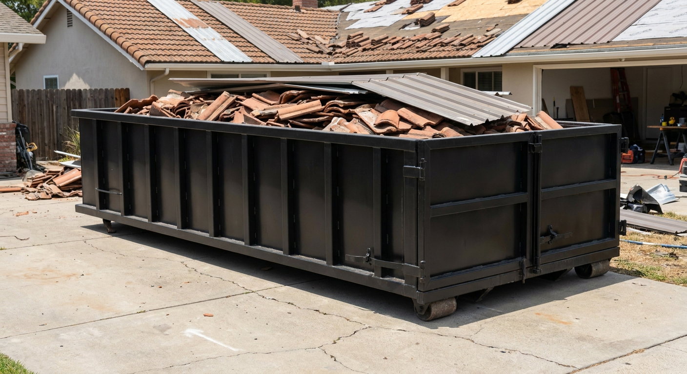 Matte-black low-wall heavy-debris roofing roll-off dumpster sitting directly on a Paradise Valley concrete driveway, broken concrete clay roof tiles and metal panel sections loaded inside, reinforced ribbed steel side walls visible, bright outdoor daylight.