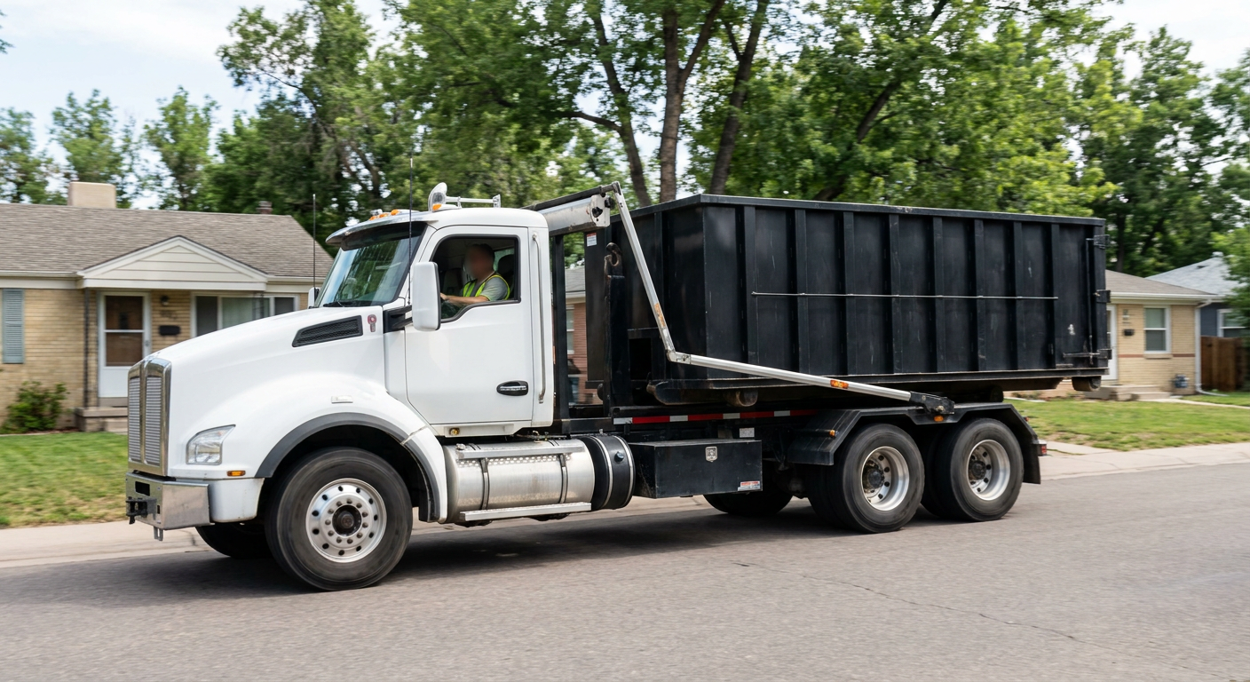 A wide documentary shot of a matte-black roll-off delivery truck pulling onto a quiet Paradise Valley residential street at mid-morning, with neighborhood rooftops and tree-lined blocks visible behind, showing the metro coverage footprint.