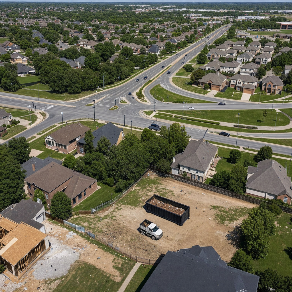 An overhead documentary view of the Paradise Valley metro area at midday, showing the spread of neighborhoods, arterial roads, and the dispatch radius from a central yard — clean daylight, organized geographic layout.