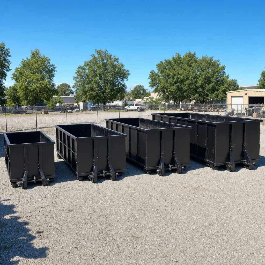 A clean lineup of matte-black roll-off dumpsters in 10, 20, 30, and 40-yard sizes staged on a sunlit gravel yard in Paradise Valley, showing the size progression from compact to commercial-scale containers.