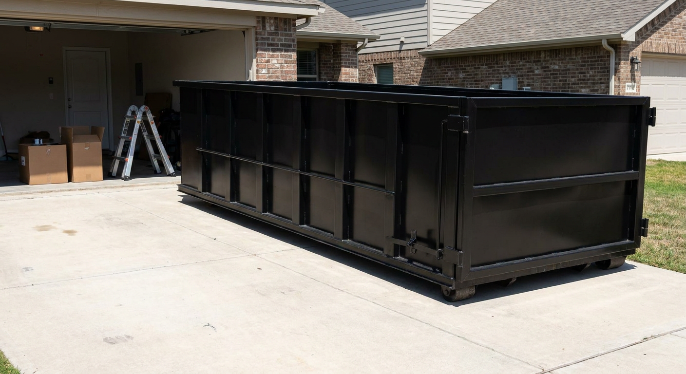 A matte-black 10-yard roll-off dumpster sitting directly on a residential Paradise Valley concrete driveway, mid-day sunlight, clean and ready for a garage cleanout.