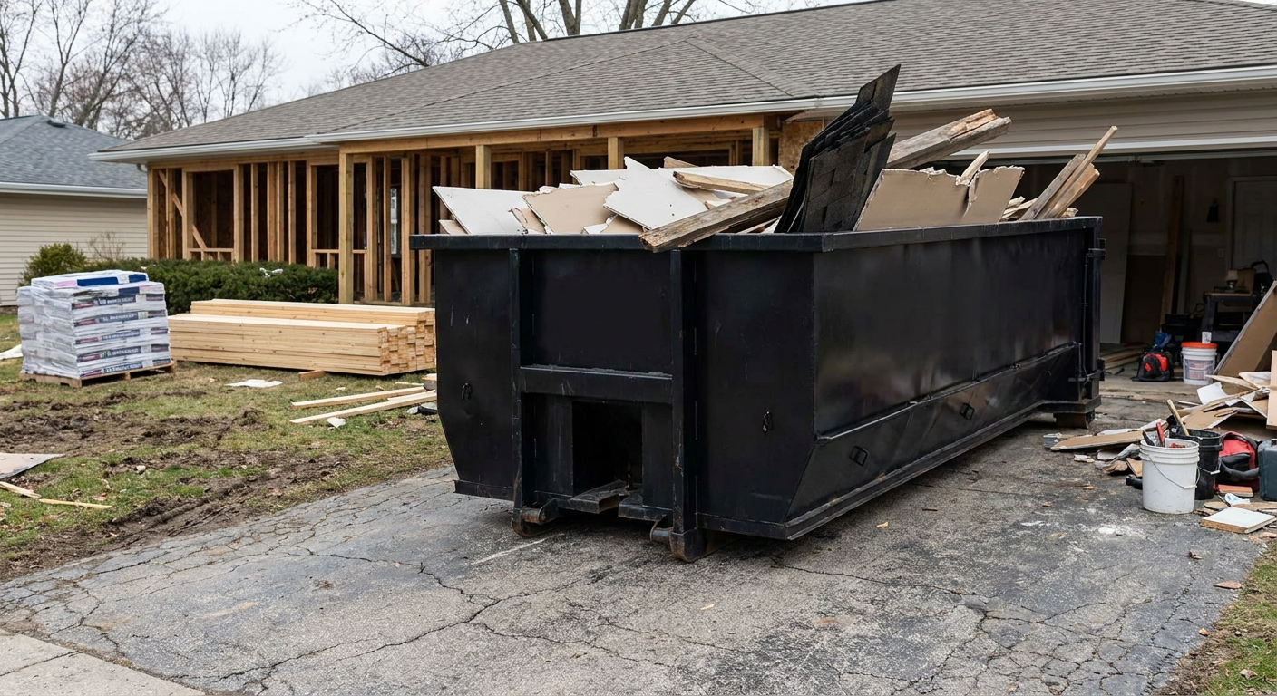 A matte-black 20-yard roll-off dumpster placed alongside a mid-renovation Paradise Valley home directly on the asphalt driveway, with framing materials and torn-off shingles staged neatly nearby.