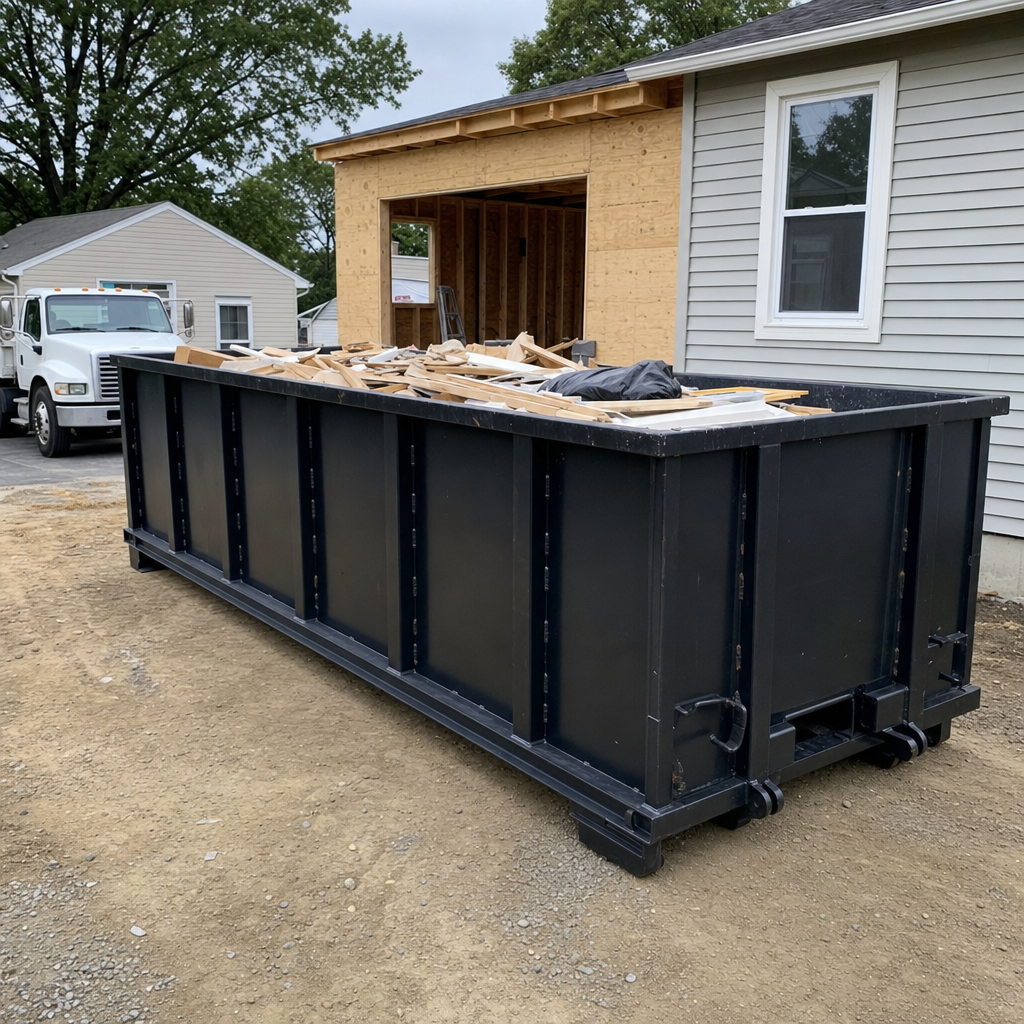 A matte-black 30-yard roll-off dumpster positioned at a Paradise Valley residential addition jobsite, with framing lumber and drywall scraps loaded through the open swinging rear doors.