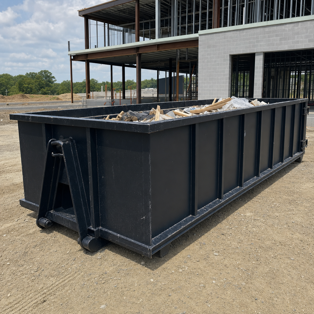 A matte-black 40-yard roll-off dumpster staged on a large Paradise Valley commercial construction lot, with a hooklift delivery truck parked alongside under bright midday sky.