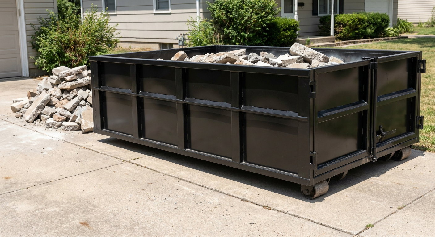 A matte-black low-side heavy-debris roll-off dumpster placed directly on a Paradise Valley concrete driveway, with broken concrete chunks neatly stacked beside it under clean daylight.